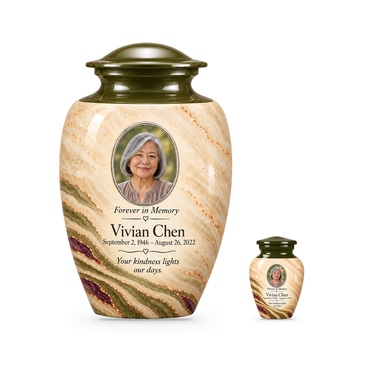 Olive Contour adult urn with one keepsake with fictional sample photo and text.