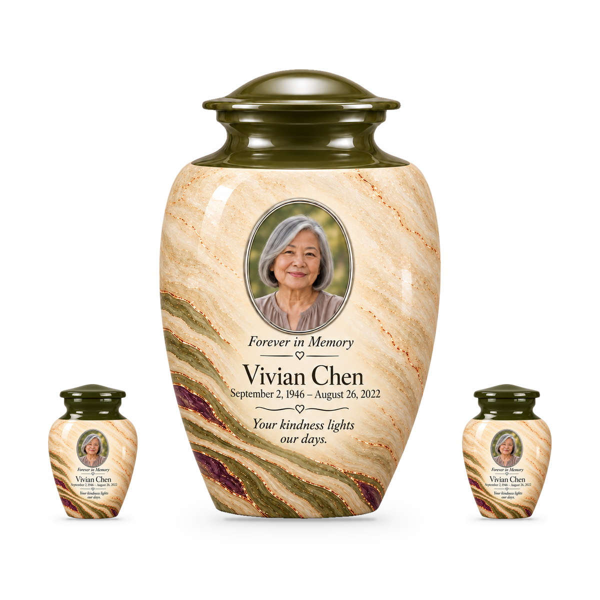 Olive Contour adult urn with two keepsakes with fictional sample photo and text.