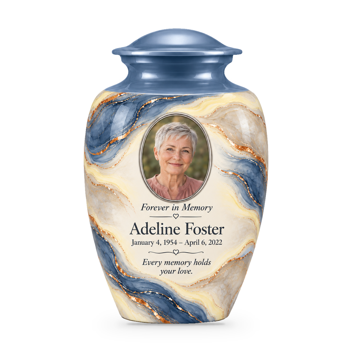 Denim Lens adult urn with fictional sample photo and text.