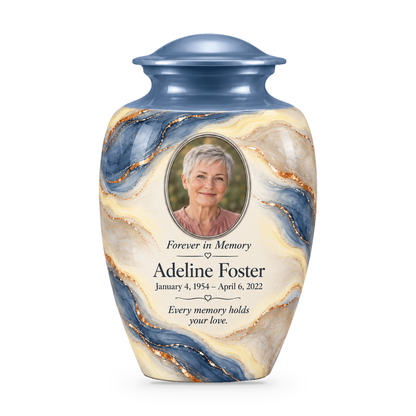 Denim Lens adult urn with fictional sample photo and text.
