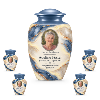 Denim Lens adult urn with four keepsakes with fictional sample photo and text.