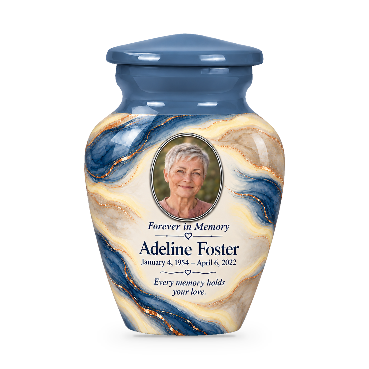 Denim Lens single keepsake urn with fictional sample photo and text.