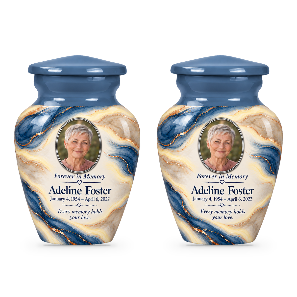 Denim Lens set of two keepsake urns with fictional sample photo and text.