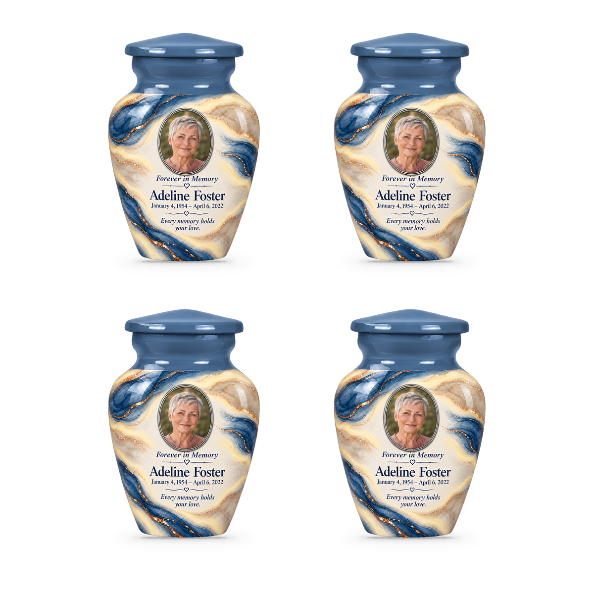 Denim Lens set of four keepsake urns with fictional sample photo and text.