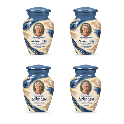 Denim Lens set of four keepsake urns with fictional sample photo and text.