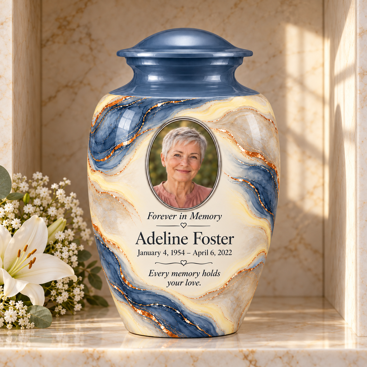 Denim Lens adult urn in a columbarium setting with fictional sample photo and text.