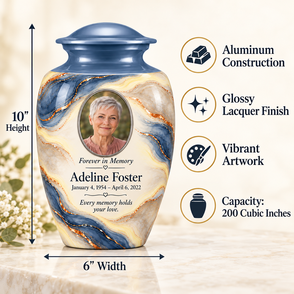 Denim Lens adult urn size guide: 10 inches high, 6 inches wide, 200 cubic inches with fictional sample photo and text.