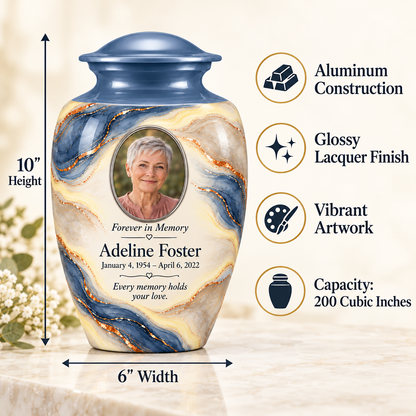 Denim Lens adult urn size guide: 10 inches high, 6 inches wide, 200 cubic inches with fictional sample photo and text.