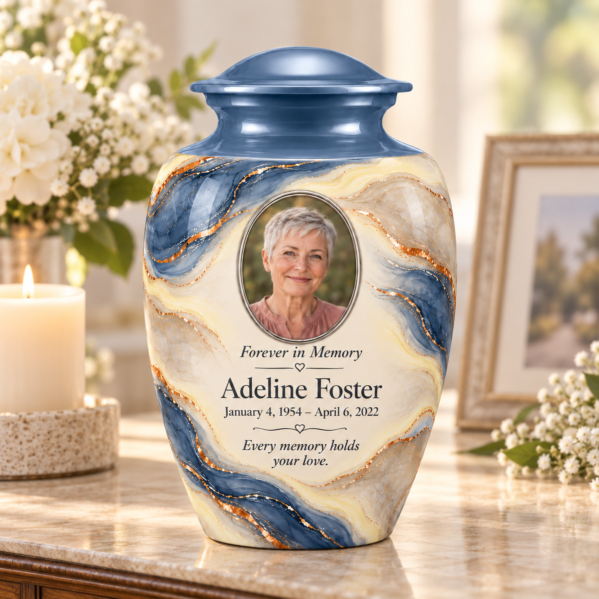 Denim Lens adult urn on a memorial console with fictional sample photo and text.