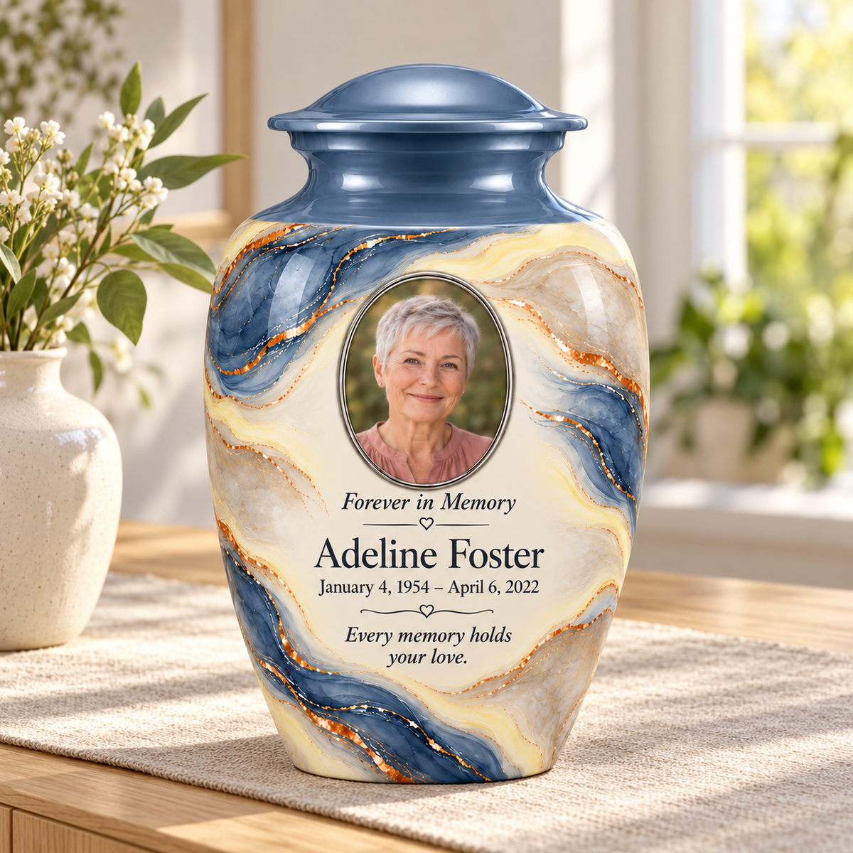 Denim Lens adult urn in a sunlit home with fictional sample photo and text.