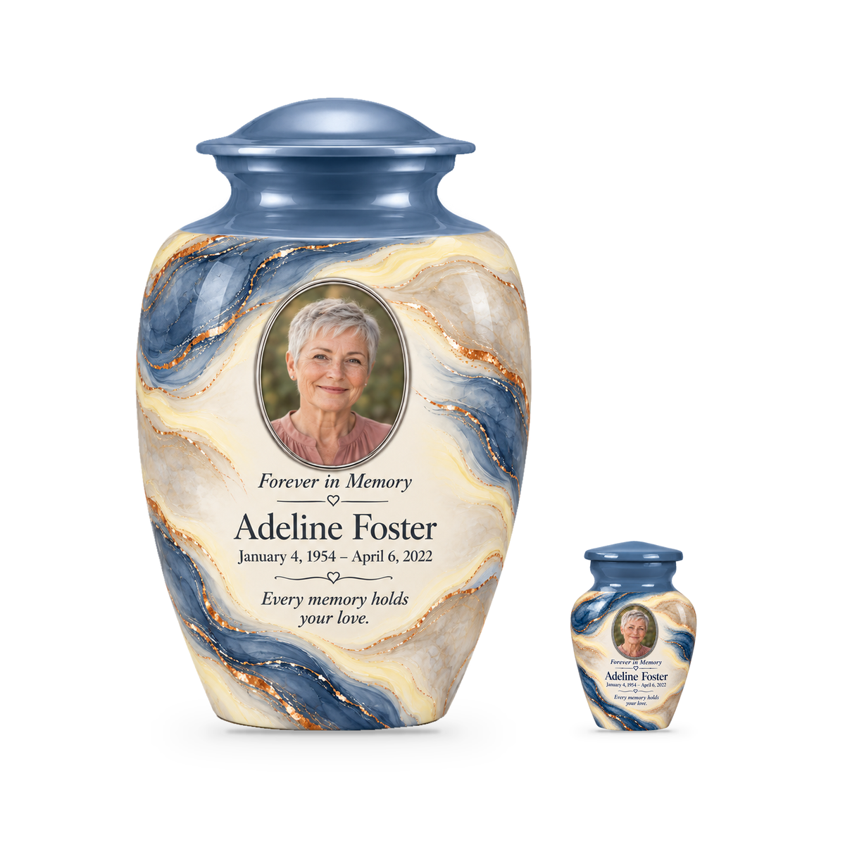 Denim Lens adult urn with one keepsake with fictional sample photo and text.