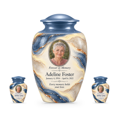 Denim Lens adult urn with two keepsakes with fictional sample photo and text.