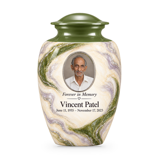 Moss Orbit adult urn with fictional sample photo and text.