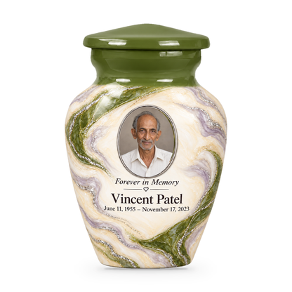 Moss Orbit single keepsake urn with fictional sample photo and text.