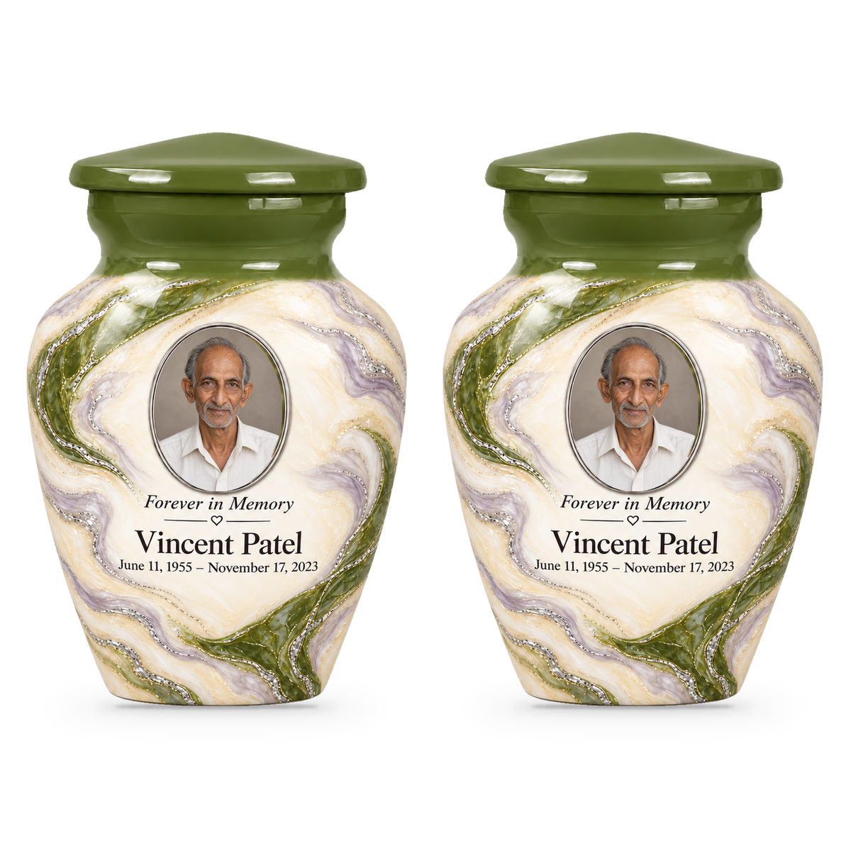 Moss Orbit set of two keepsake urns with fictional sample photo and text.
