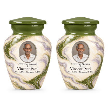 Moss Orbit set of two keepsake urns with fictional sample photo and text.
