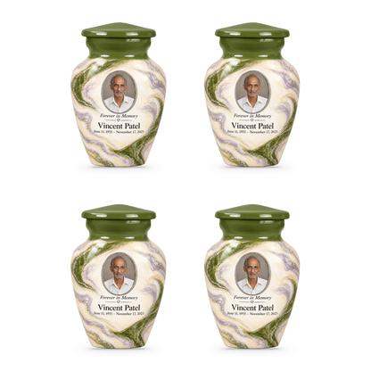 Moss Orbit set of four keepsake urns with fictional sample photo and text.