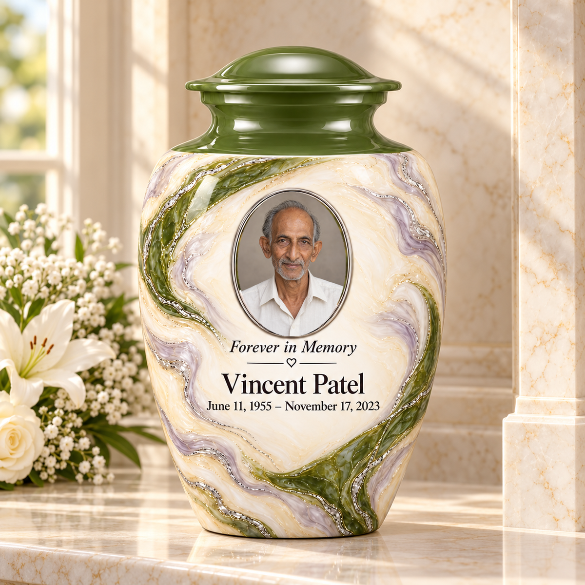 Moss Orbit adult urn in a columbarium setting with fictional sample photo and text.