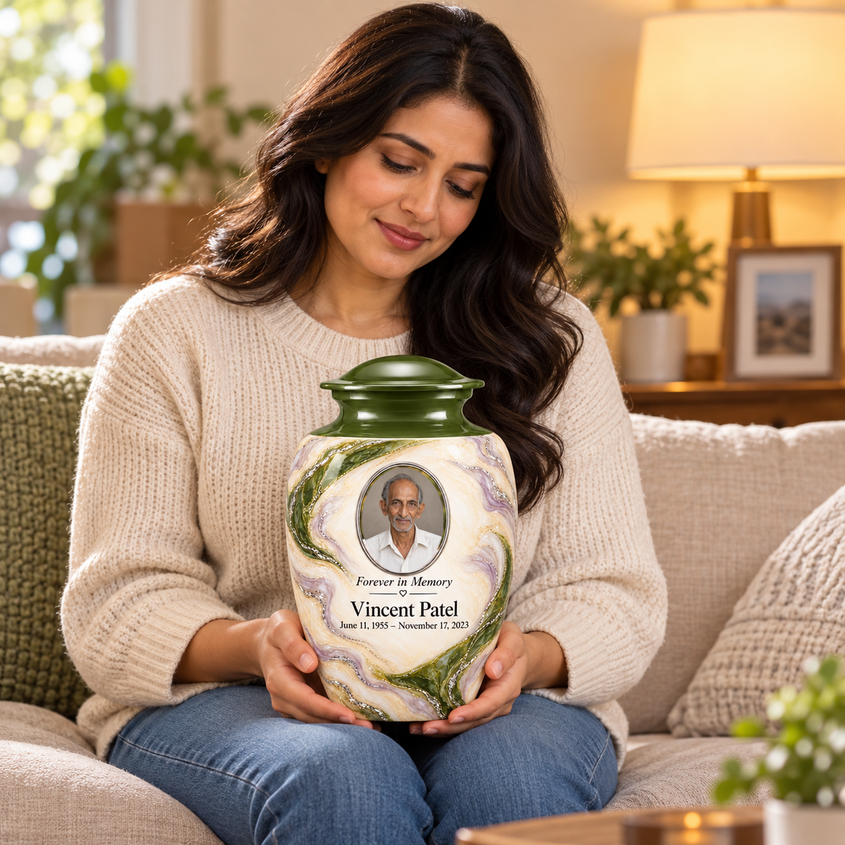Moss Orbit adult urn held on a lap with fictional sample photo and text.