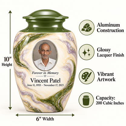 Moss Orbit adult urn size guide: 10 inches high, 6 inches wide, 200 cubic inches with fictional sample photo and text.