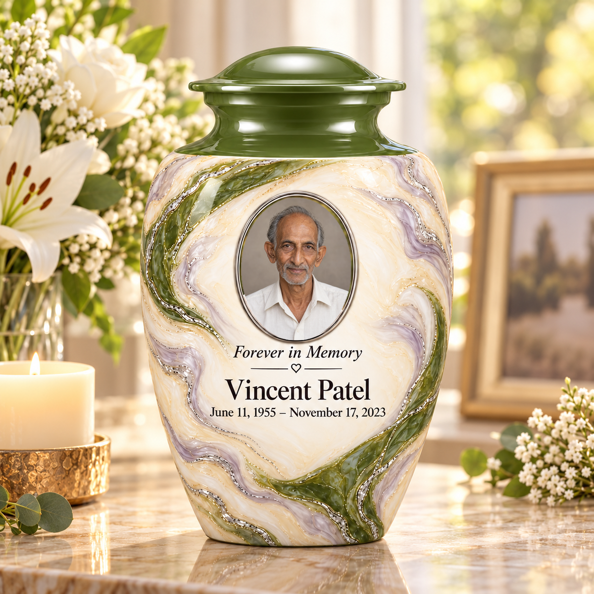 Moss Orbit adult urn on a memorial console with fictional sample photo and text.