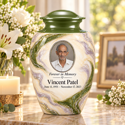 Moss Orbit adult urn on a memorial console with fictional sample photo and text.
