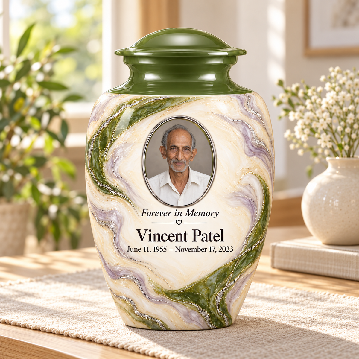 Moss Orbit adult urn in a sunlit home with fictional sample photo and text.