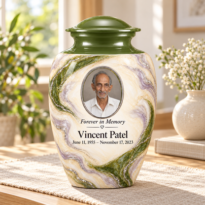 Moss Orbit adult urn in a sunlit home with fictional sample photo and text.