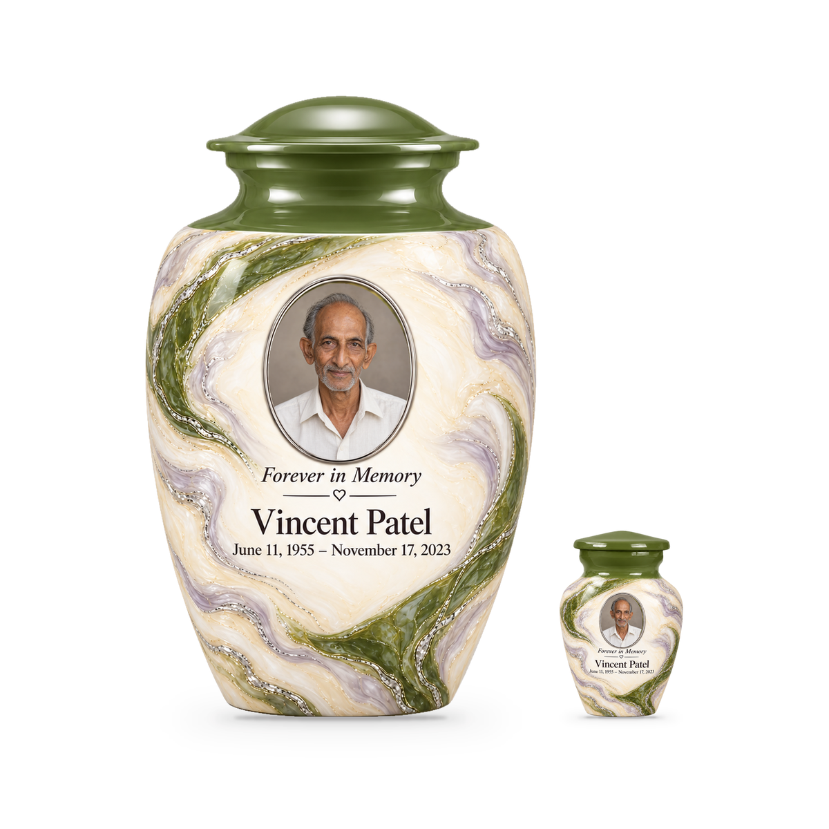 Moss Orbit adult urn with one keepsake with fictional sample photo and text.