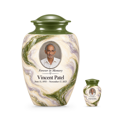 Moss Orbit adult urn with one keepsake with fictional sample photo and text.