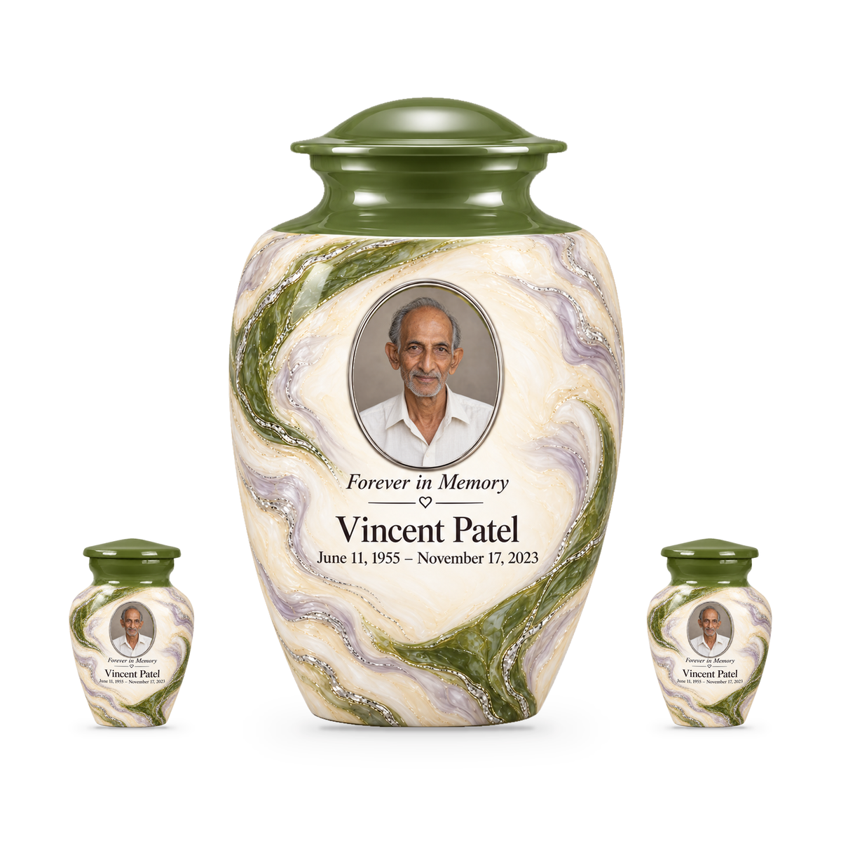 Moss Orbit adult urn with two keepsakes with fictional sample photo and text.