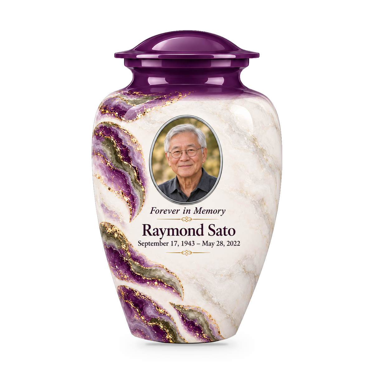 Violet Brae adult urn with fictional sample photo and text.