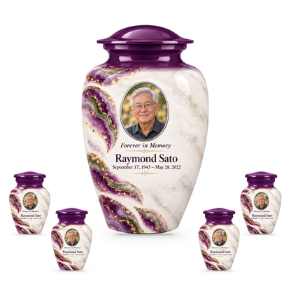 Violet Brae adult urn with four keepsakes with fictional sample photo and text.