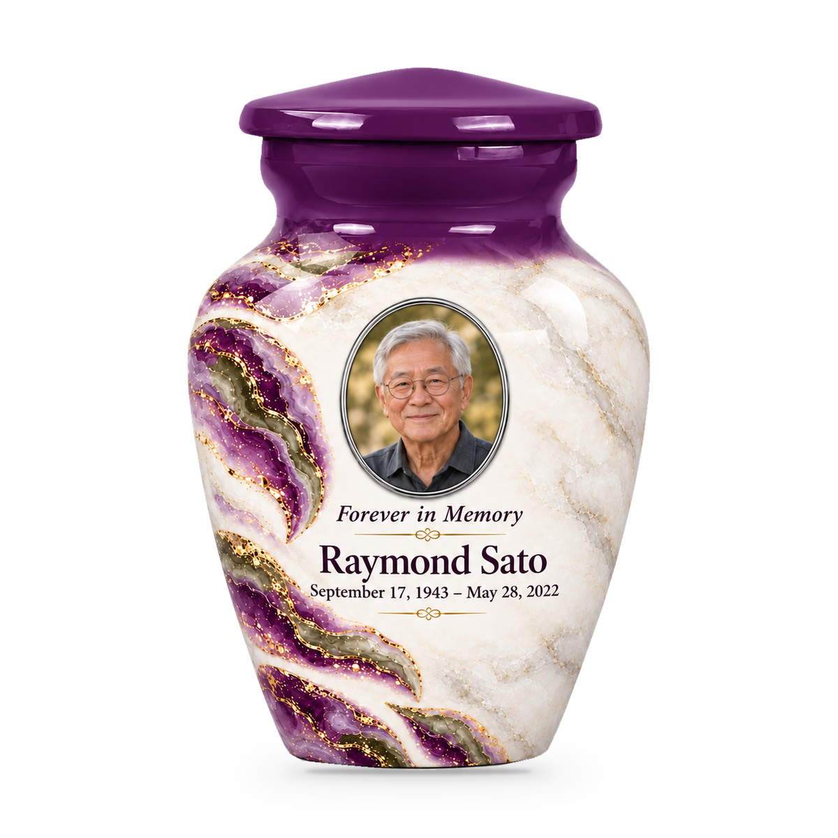 Violet Brae single keepsake urn with fictional sample photo and text.