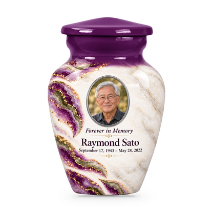 Violet Brae single keepsake urn with fictional sample photo and text.