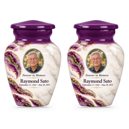 Violet Brae set of two keepsake urns with fictional sample photo and text.
