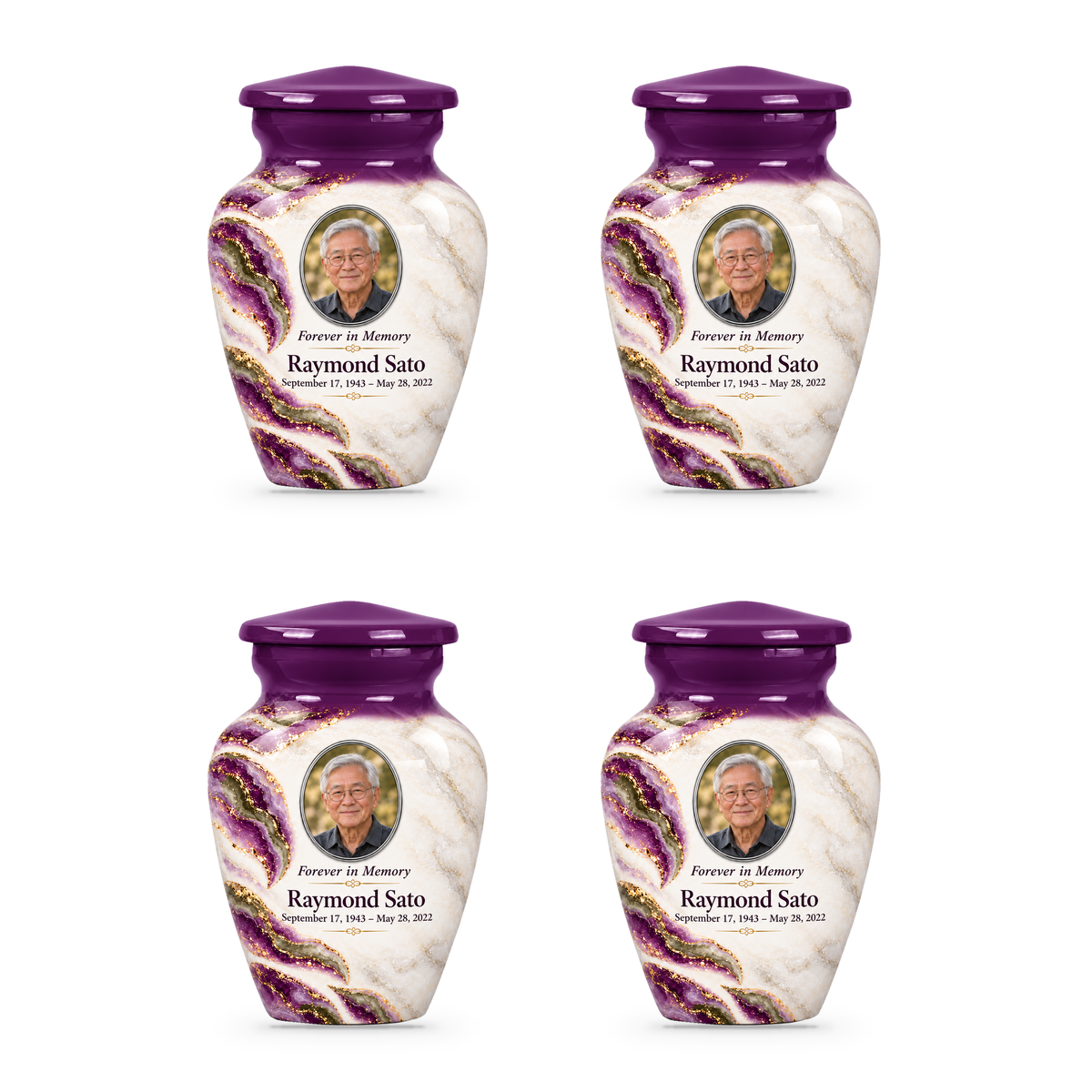 Violet Brae set of four keepsake urns with fictional sample photo and text.