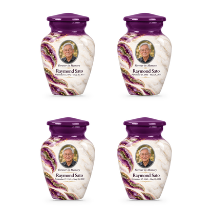 Violet Brae set of four keepsake urns with fictional sample photo and text.