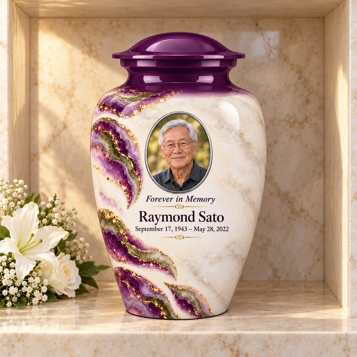 Violet Brae adult urn in a columbarium setting with fictional sample photo and text.