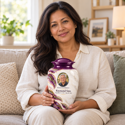 Violet Brae adult urn held on a lap with fictional sample photo and text.