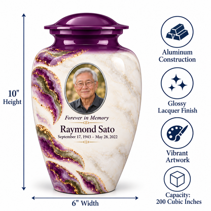 Violet Brae adult urn size guide: 10 inches high, 6 inches wide, 200 cubic inches with fictional sample photo and text.