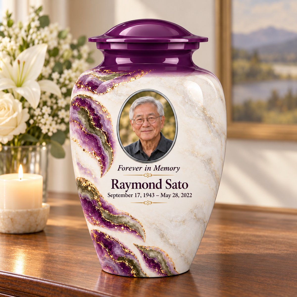 Violet Brae adult urn on a memorial console with fictional sample photo and text.