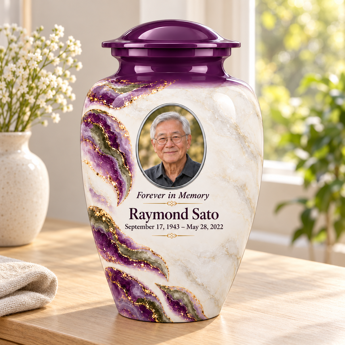 Violet Brae adult urn in a sunlit home with fictional sample photo and text.