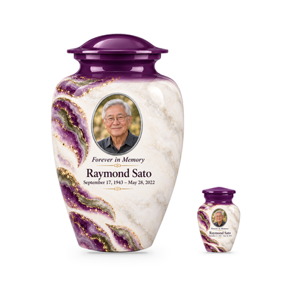 Violet Brae adult urn with one keepsake with fictional sample photo and text.