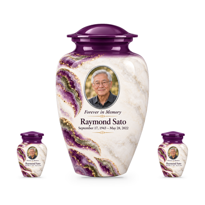 Violet Brae adult urn with two keepsakes with fictional sample photo and text.