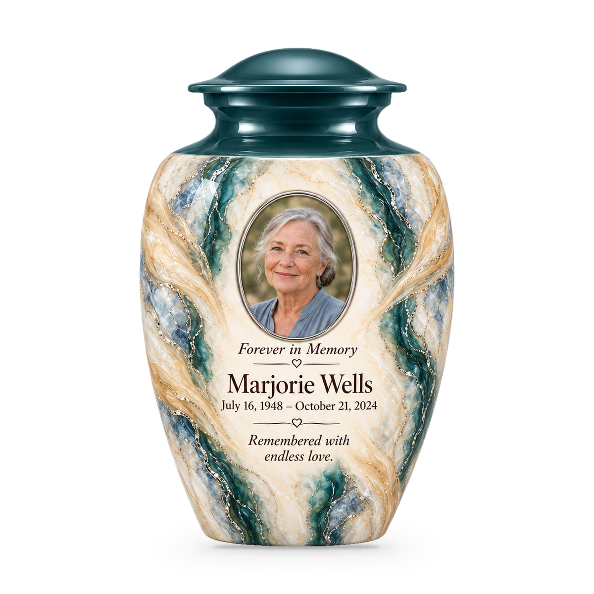 Juniper Lattice adult urn with fictional sample photo and text.