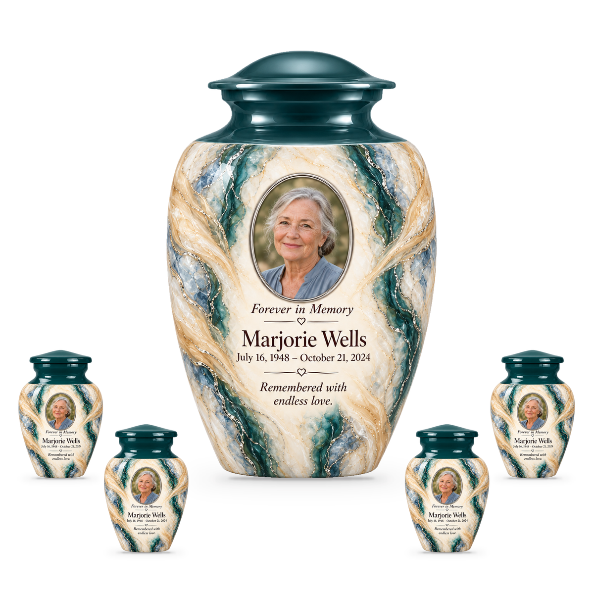 Juniper Lattice adult urn with four keepsakes with fictional sample photo and text.
