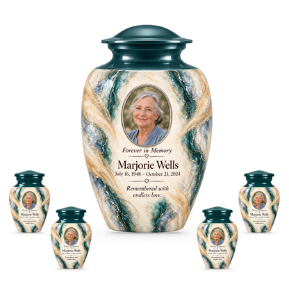 Juniper Lattice adult urn with four keepsakes with fictional sample photo and text.