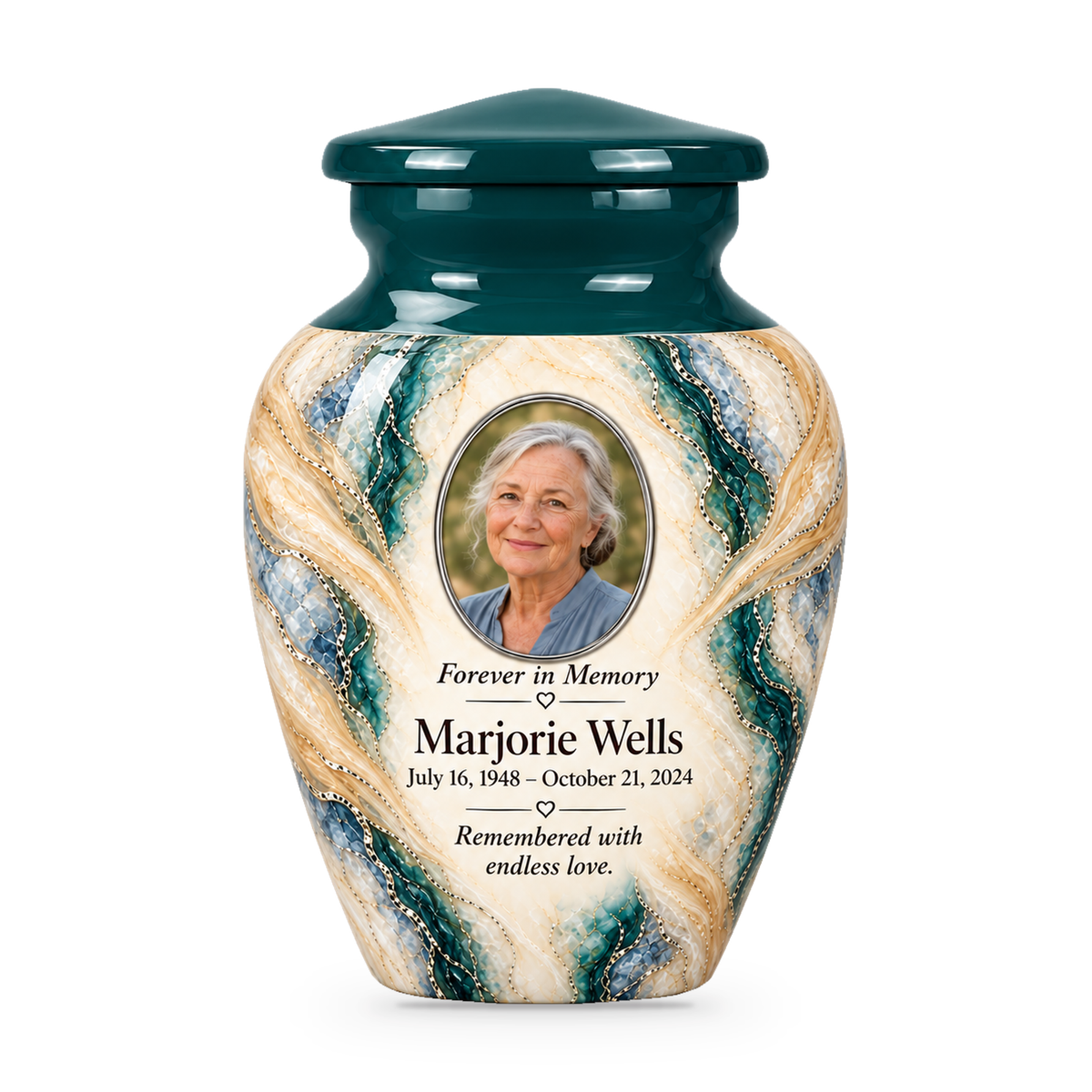Juniper Lattice single keepsake urn with fictional sample photo and text.