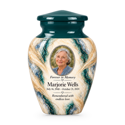 Juniper Lattice single keepsake urn with fictional sample photo and text.
